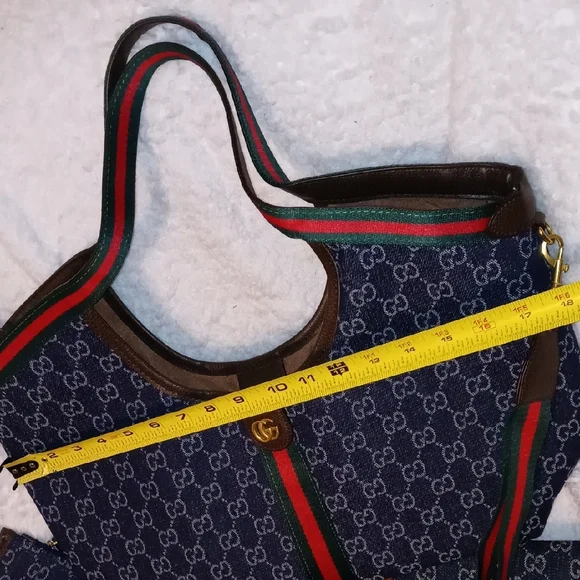 Gucci Blue Denim Shoulder Bag with Cherry Lime Strap Webbing - Picture 10 of 15